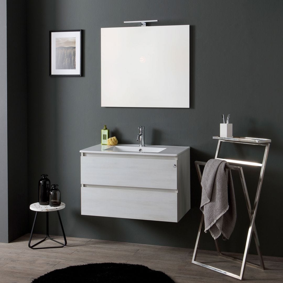 Meuble Salle de Bains 80 cm, Vasque Blanche, Miroir Led et Colonne - Chêne  Naturel - STRUCTURA