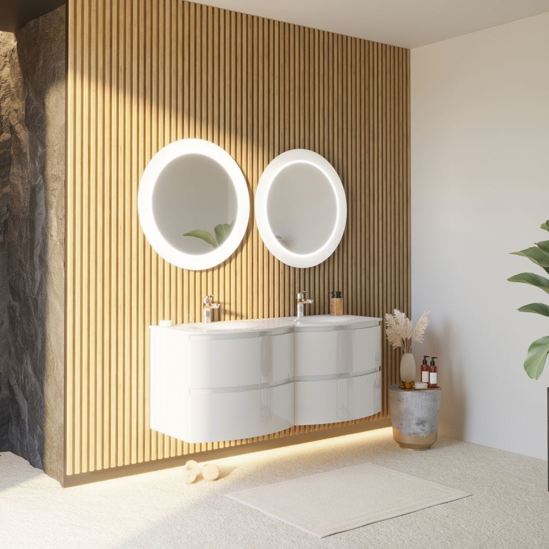 Miroir salle de bain moderne en teck avec éclairage intégré 140 cm