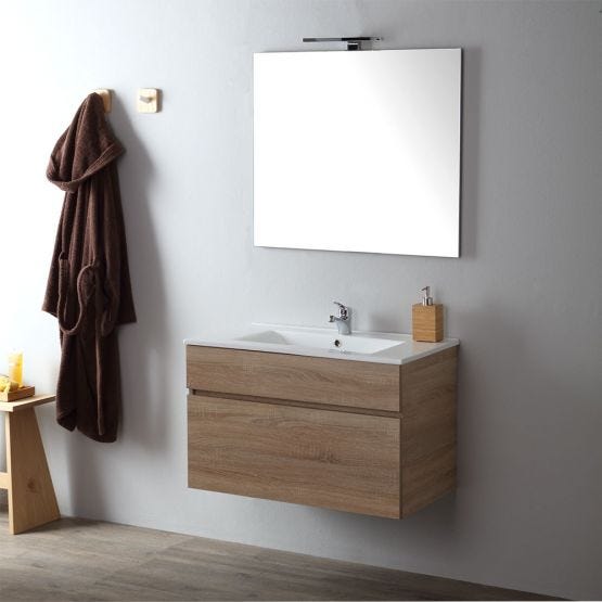 Mobile per bagno sospeso in rovere well con un solo cassetto, lavabo, specchio (no lampada)