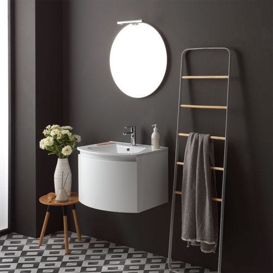 Meuble de salle de bain mural Riva courbe blanc brillant avec miroir rond