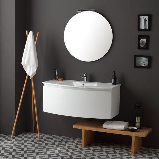 armoire de toilette suspendue laquée blanc laqué blanc et miroir rond