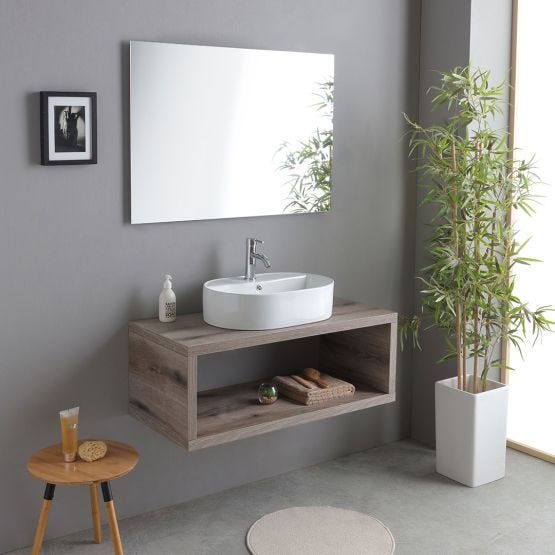 Base suspendue en chêne fossile avec lavabo à poser ovale et miroir