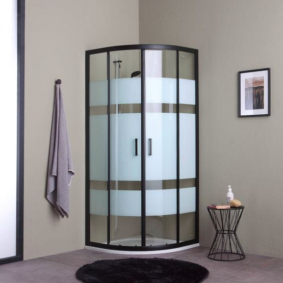 Cabine de douche 80x80 en demi-cercle avec portes sérigraphiées et profils noirs mats