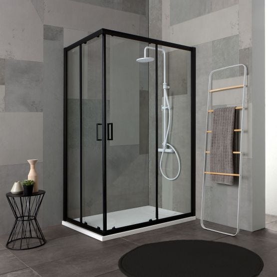 Cabine de douche rectangulaire modèle City, profils noirs mats et verre transparent de 6 mm