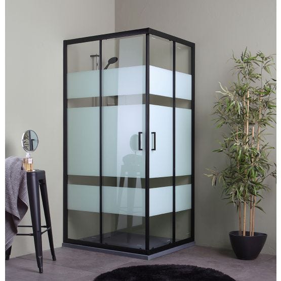 Cabine de douche 90x70 noir mat avec verre sérigraphié