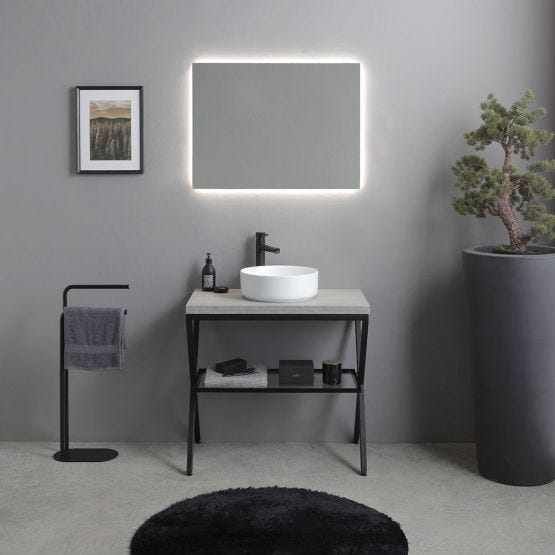 Meuble de salle de bains de 80 cm avec lavabo en céramique blanche et plan en bois couleur ciment