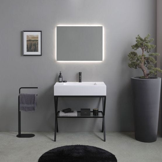 Meuble de salle de bain sur pied 80cm avec support en métal noir, lavabo blanc et miroir LED