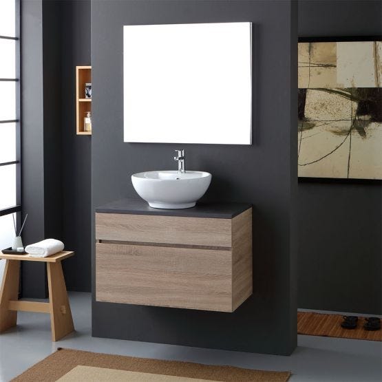 Meuble de salle de bain avec le plan en bois et lavabo à poser