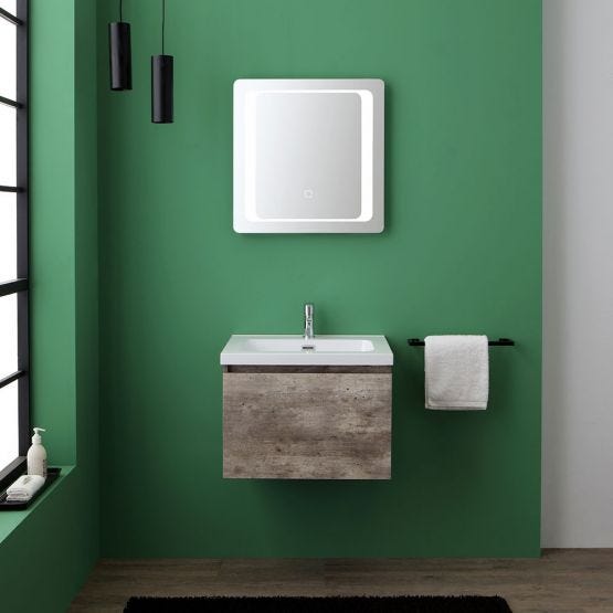 Meuble de salle de bain suspendu avec tiroir finition en ciment, lavabo et miroir à LED