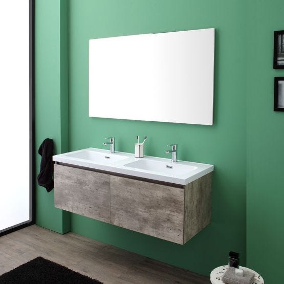 Meuble de salle de bain en finition ciment avec miroir et double lavabo