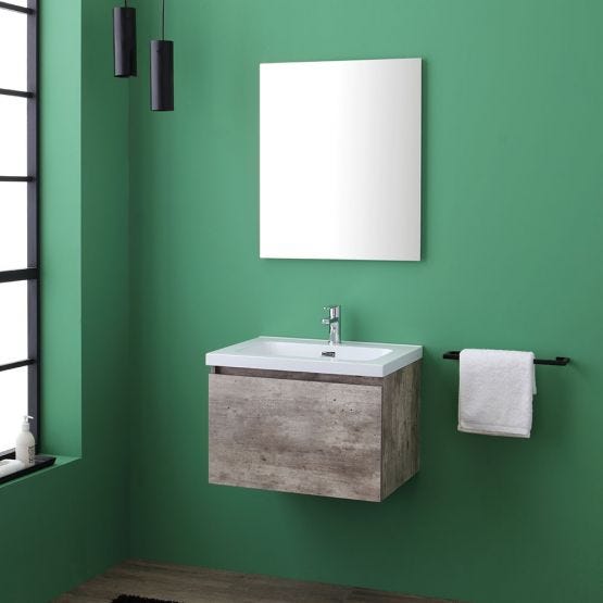 Ensemble de salle de bain avec tiroir finition ciment et miroir avec bords polis