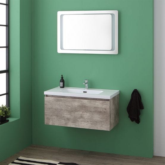 Meuble de salle de bain avec tiroir ciment et miroir avec LED intégré