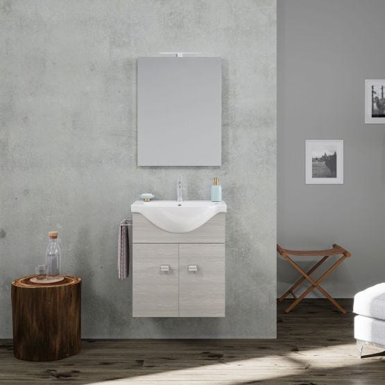 Composizione bagno sospesa grigio quercia con portasciugamani in metallo