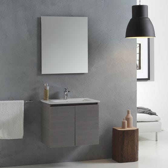 Mobiletto piccoli spazi sospeso con base a due ante, lavabo e specchio