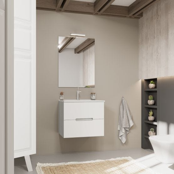 Mobile bagno cassetti bianco opaco con inserto a gola e laterali legno grigio