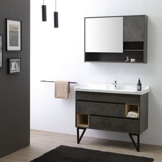 Meuble de salle de bains sur pieds design industriel avec lavabo en céramique