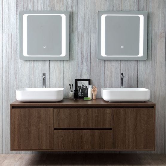 Meuble suspendu avec deux emplacements pour lavabo à poser et miroir avec LED tactile