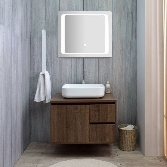 Meuble de salle de bains suspendu avec lavabo à poser et miroir LED tactile