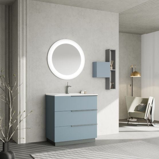 Mobile bagno a terra celeste da 80cm con lavabo in ceramica e specchio