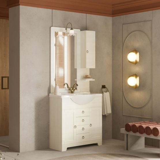 Meuble de salle de bains 85 cm blanc décapé avec miroir et armoire murale