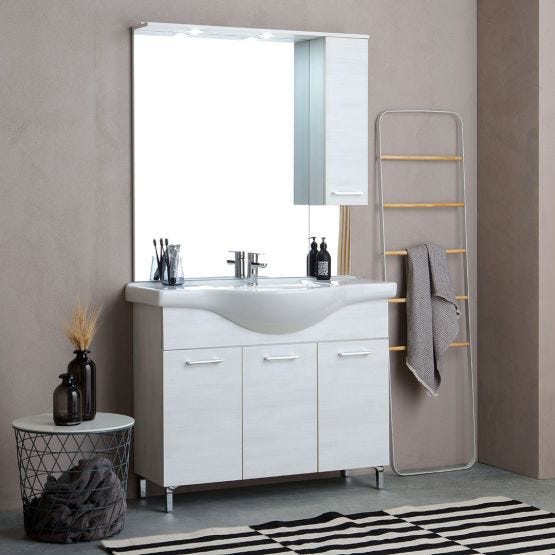 Mobile bagno a terra 105 cm in quercia bianco effetto legno