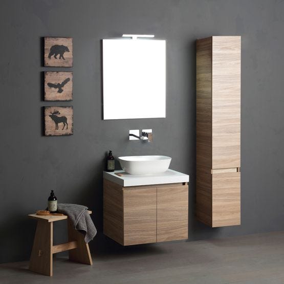 Meuble de salle de bain avec lavabo rond et colonne en chêne naturel