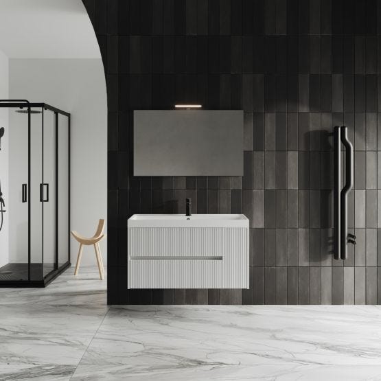 Meuble de salle de bains blanc canné de 100 cm avec miroir encastré