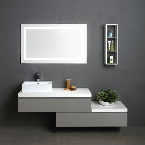 Meuble de salle de bains de 180 cm avec tiroirs gris perle et dessus blanc