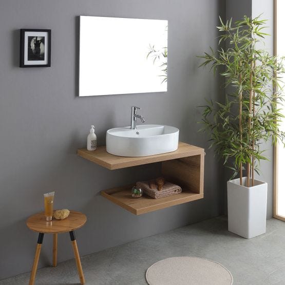 Meuble suspendu 80 cm en chêne naturel, avec lavabo à poser et miroir
