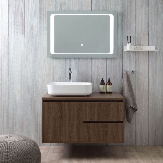 Meuble sous-lavabo avec miroir tactile à Led;Meuble de salle de bains avec lavabo d'appui et miroir LED tactile