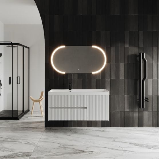 Meuble de salle de bains en bois canné blanc mat de 120 cm avec miroir à LE