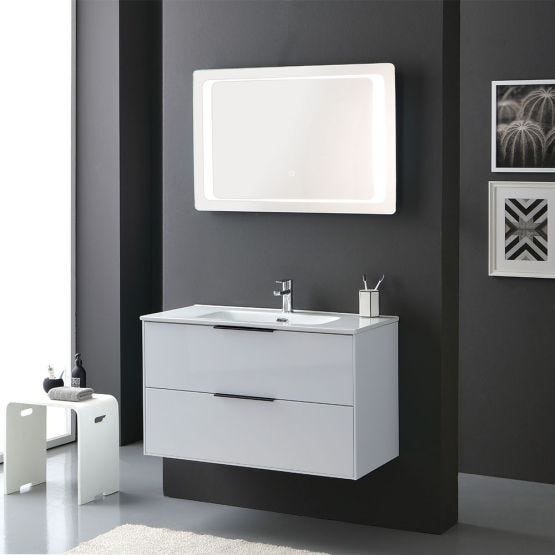 Meuble de salle de bain blanc brillant avec deux tiroirs, lavabo et miroir