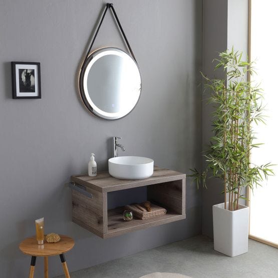 Meuble suspendu 80 cm en chêne fossile, lavabo en céramique blanche et miroir rond LED
