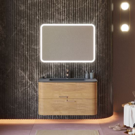Mobile bagno sospeso 100cm rovere miele con lavabo nero e specchio
