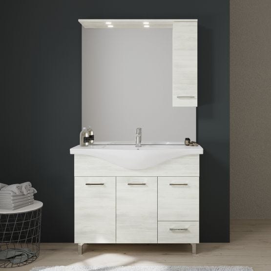Meuble de salle de bain sur pieds avec meuble-haut miroir et lumière