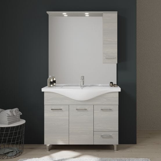 Meuble de salle de bains à poser avec portes lavabo et miroir