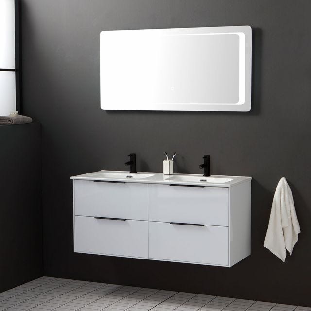 MEUBLE DE SALLE DE BAIN SUSPENDU 120CM BLANC ET MIROIR AVEC LED RETRO-ÉCLAIRÉ | PARIGI