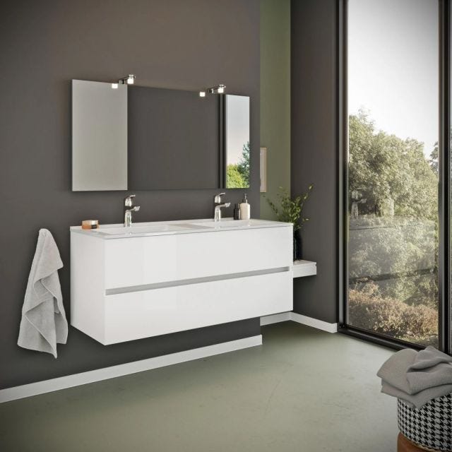 MEUBLE DE SALLE DE BAIN BLANC BRILLANT 120CM, TIROIRS ET DOUBLE LAVABO | BENACO