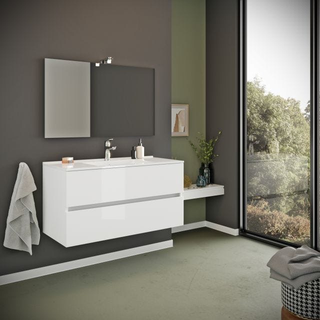 MEUBLE DE SALLE DE BAIN AVEC TIROIRS 100CM BLANC BRILLANT, LAVABO ET MIROIR | BENACO