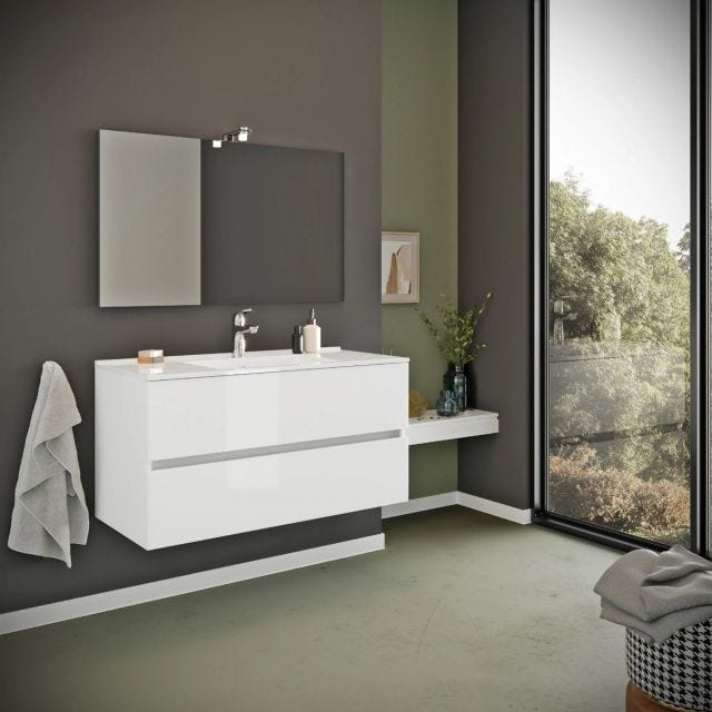 MEUBLE DE SALLE DE BAINS SUSPENDU 90CM 2 TIROIRS BLANC BRILLANT | BENACO