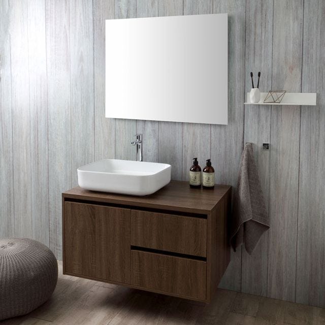 MEUBLE DE SALLE DE BAIN SUSPENDU 90CM NOYER FONCÉ, LAVABO D'APPUI, MIROIR | SIENA