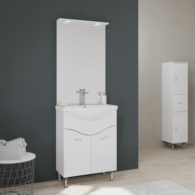 MEUBLE DE SALLE DE BAIN SUR PIEDS 65CM 2 PORTES BLANC BRILLANT, MIROIR AVEC LED | EASY