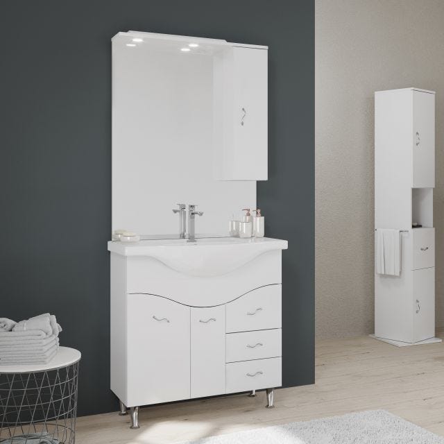 MEUBLE-LAVABO SALLE DE BAINS 86 CM, MIROIR-ARMOIRE COULEUR BLANC