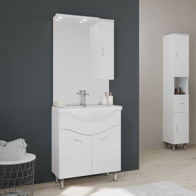 ARMOIRE DE TOILETTE 75 CM 2 PORTES ET MEUBLE HAUT EN BLANC BRILLANT SÉRIE EASY