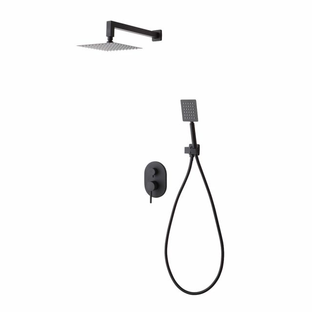 SET DE DOUCHE COMPLET: POMME HAUTE, SUPPORT MURAL, ENSEMBLE DE DOUCHE EN NOIR MAT