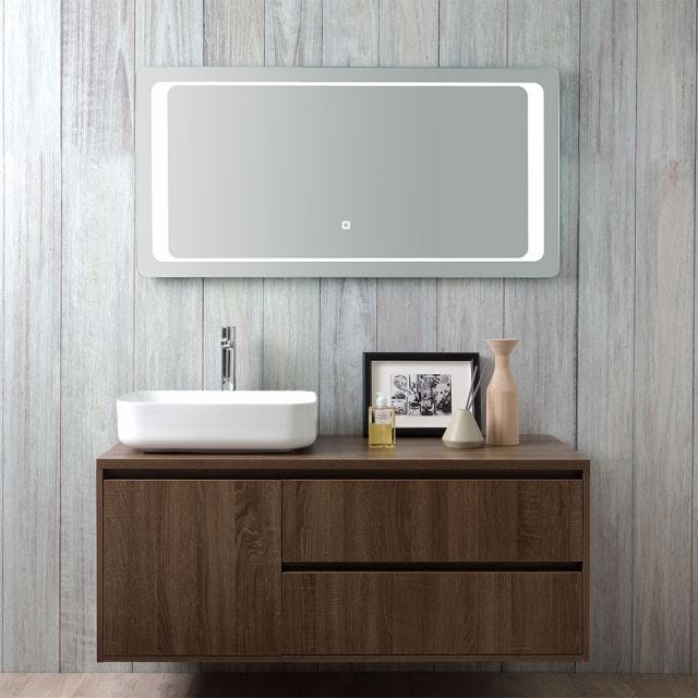 MEUBLE DE SALLE DE BAIN EN BOIS NOYER FONCÉ, LAVABO, MIROIR TACTILE LED | SIENA