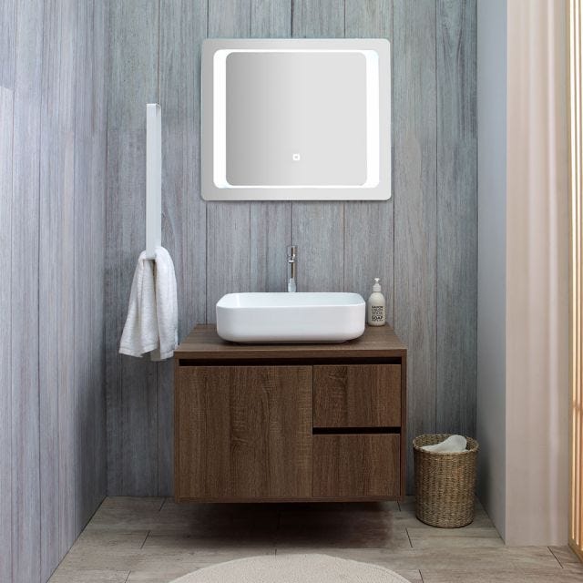 MEUBLE DE SALLE DE BAIN SUSPENDU 75 CM NOYER FONCÉ ET MIROIR LED TACTILE | SIENA