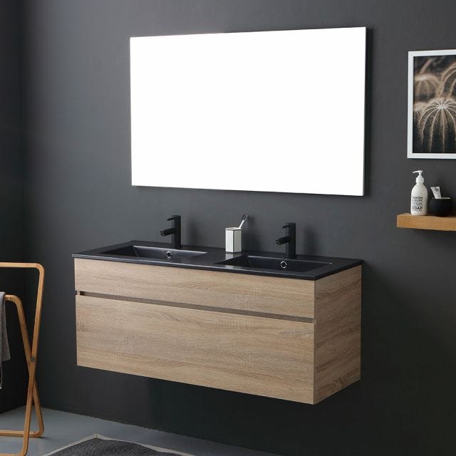 MEUBLE DE SALLE DE BAIN 120CM EN CHÊNE WELL AVEC DOUBLE LAVABO EN NOIR MAT | SOLE