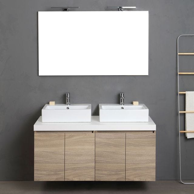 MOBILIER DE SALLE DE BAINS 120CM AVEC 4 PORTES CHÊNE NATUREL DOUBLE VASQUE | VALENTINA