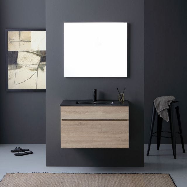 MEUBLE DE SALLE DE BAIN SUSPENDU 90 CM TIROIR ASPECT BOIS ET LAVABO NOIR | SOLE